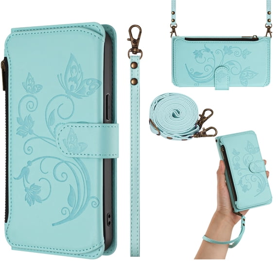 Premium Multifunctional Embossed Wallet Case for iPhone 16, with Crossbody & Wrist Strap, Card / Cash / Zipper Pockets, Magnetic Clasp Kickstand Stylish  PU Leather Cover, Green