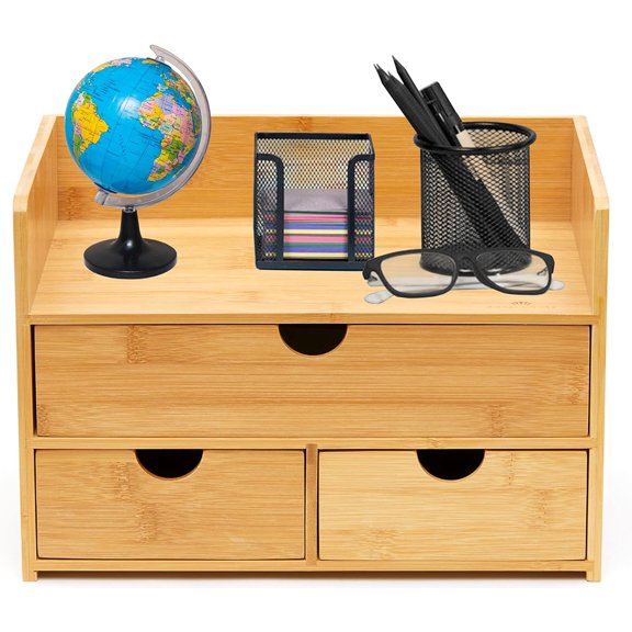Premium Natural Bamboo Desktop Organizer, Attractive Design 3 Tier, Table Top Storage for Documents & Office Supplies, Accessories And More, No Assembly Required (3 Drawer with Shelf)