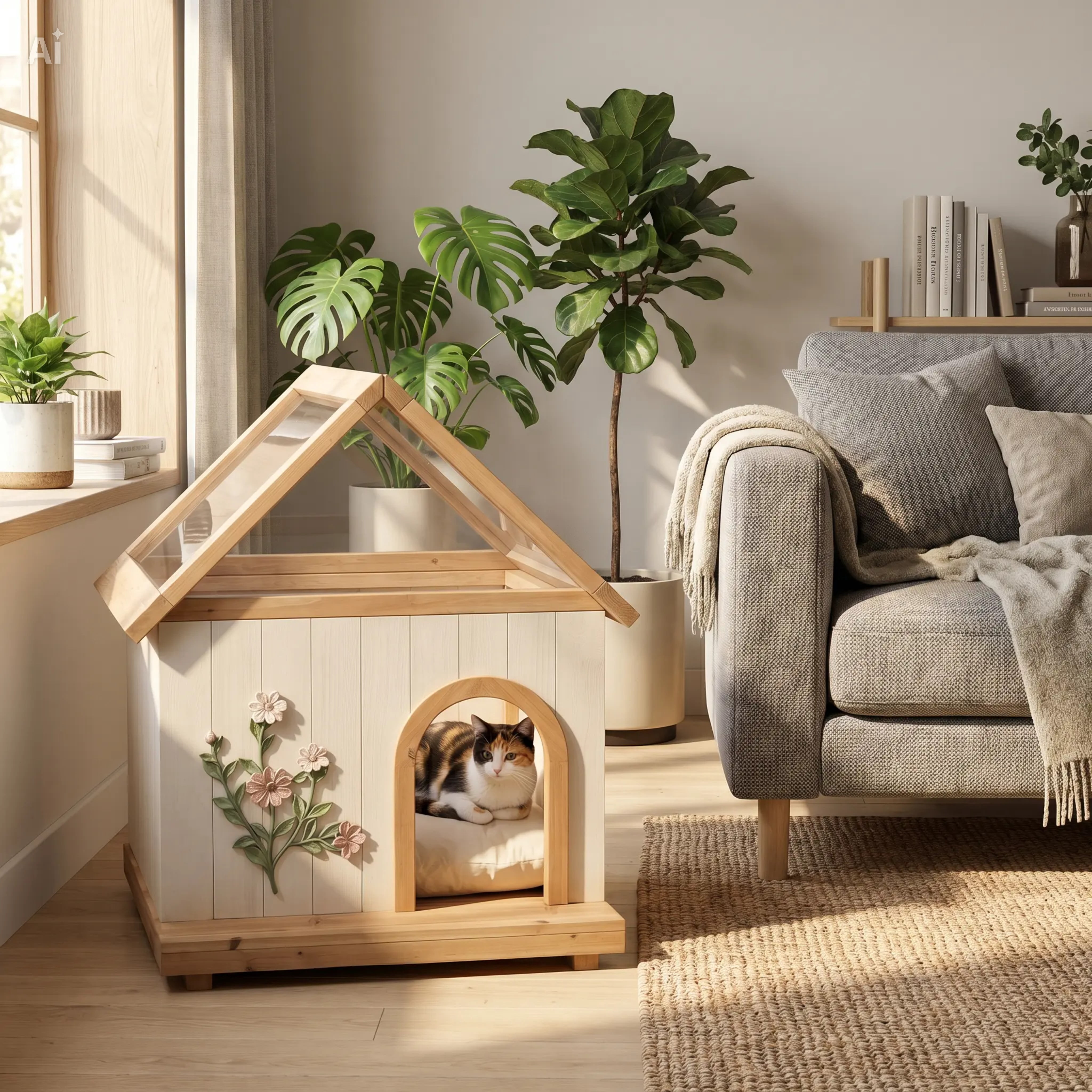 Premium Natural Cedar Pet House – Acrylic Sunroof, Floral Carved Cat Furniture, Luxury Indoor/Semi-Outdoor Dog Shelter for Small Dogs & Cats