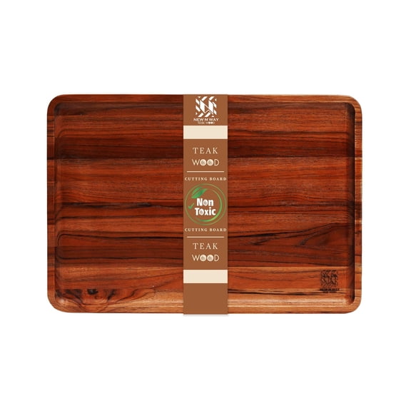 Premium Natural Teak Wood Large Rectangular Serving Tray  Solid Wooden Display & Drink Tray 15.7 x 11 x 0.79 Inch with Raised Rim  Coffee, Wine, Food & Entertaining Tray for Kitchen & Home