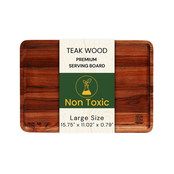 Premium Natural Teak Wood Large Rectangular Serving Tray  Solid Wooden Display & Drink Tray 15.75 x 11.02 x 0.79 Inch with Raised Rim  Coffee, Wine, Food & Entertaining Tray for Kitchen & Home