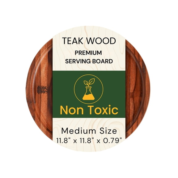Premium Natural Teak Wood Large Round Serving Tray  Solid Wooden Charcuterie & Display Tray 11.8 Inch Diameter x 0.79 Inch Thick with Raised Rim  Cheese, Meat, Appetizer & Entertaining Tray