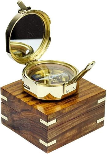 Premium Nautical Brass Brunton Compass With Decorative Wooden Case | Wood
