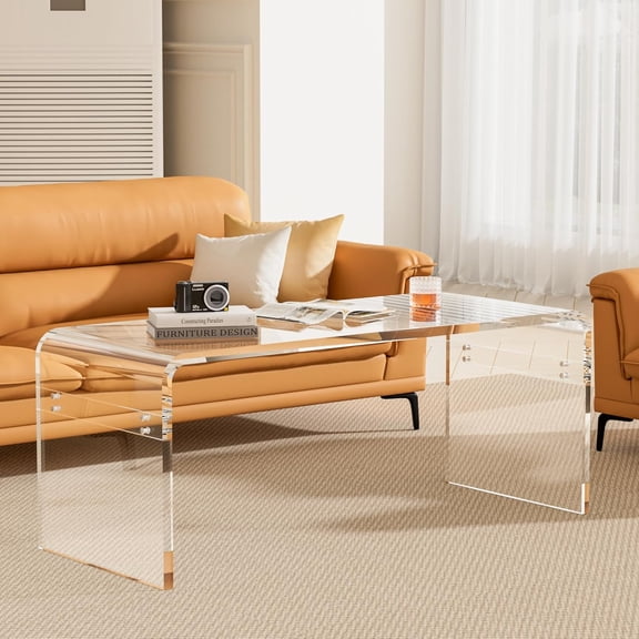 Premium Need Assembly 32" Acrylic Coffee Table,Clear Lucite Coffee Table for Living Room,Rectangle Plexiglass Center Waterfall Table,Supports 180 LBS,32"x16"x16",0.6" Thick Fit for 2 Seat Sofa
