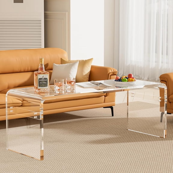 Premium Need Assembly 44" Acrylic Coffee Table,Clear Lucite Coffee Table for Living Room,Rectangle Plexiglass Center Waterfall Table,Supports 260 LBS,44"x16"x16",0.6" Thick Fit for 4 Seat Sofa