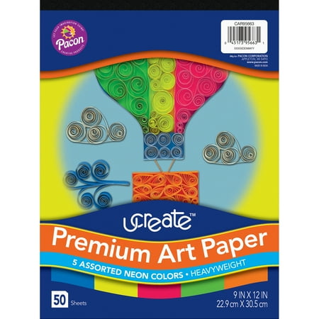 UCreate Premium Neon Art Paper Pad, 5 Assorted Colors, 9" x 12", 50 Sheets