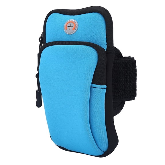 Premium Neoprene Gym Arm Pouch Blue Sport Running Armband Phone Case Holder Adjustable Elastic Strap Dual Storage Bags (7 inches / 18.0 cm)