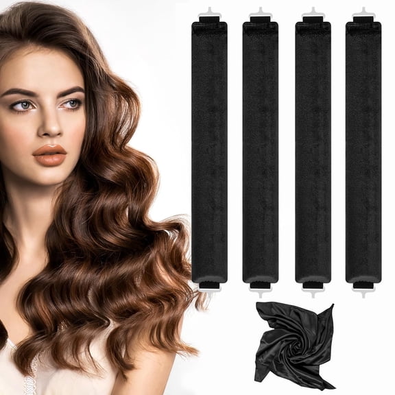 Premium No-Heat Hair Styling Set with 4 Jumbo Soft Rollers, Comfortable Overnight Fabric Curler Kit for Voluminous Bouncy Waves, Professional Hair Care Tool with Matching Headscarf, Dark Brown
