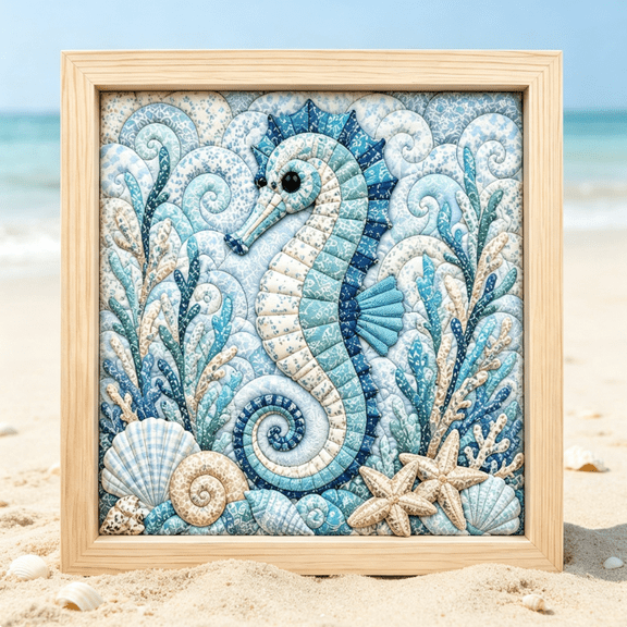 Premium No-Sew Kinusaiga Fabric Art Kit for Adults, Sea Creatures Collection, Relaxing No-Stitch Fabric Tucking Craft, Perfect DIY Wall Art Gift Seahorse