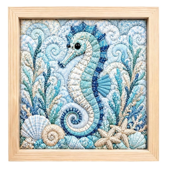 Premium No-Sew Kinusaiga Fabric Art Kit for Adults, Ocean Sea Life DIY Craft, 3D Fabric Tucking Artwork for Home Wall Decor & Relaxing Hobby Seahorse