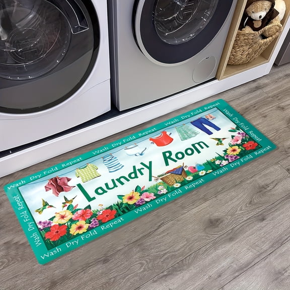 Premium Non-Slip Flannel Laundry Mat - Machine Washable, Colorful Print with Laundry Symbols, for Kitchen Bedroom Living Room, Multiple Sizes