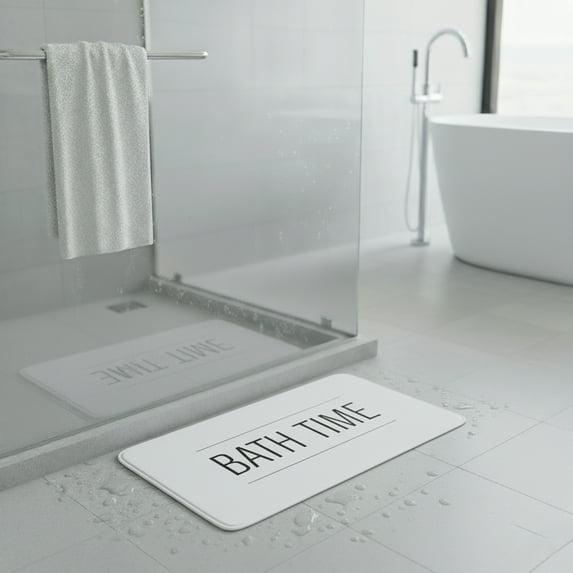 Premium Non-Slip Microfiber Bathmat – 30 x 18 Inches – Elegant ‘Bath Time’ Text in Black on White Surface for Luxurious Comfort and Safety