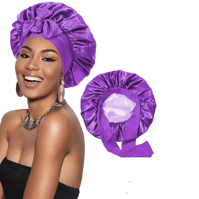 Premium Non Slip Satin Hair Bonnet for Men Women Curly Hair, Dreadlock Loc Cap Silk Double Layer Sleeping & Shower Wrap Soft Band With Tie,deep purple