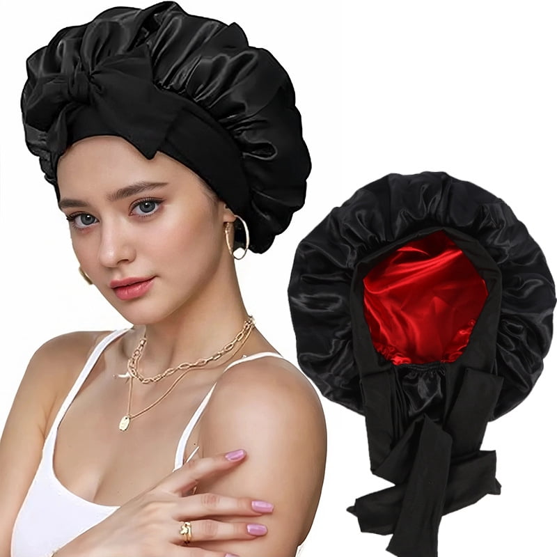 Premium Non Slip Satin Hair Bonnet for Men Women Curly Hair, Dreadlock Loc Cap Silk Double Layer Sleeping & Shower Wrap Soft Band With Tie,Black Red