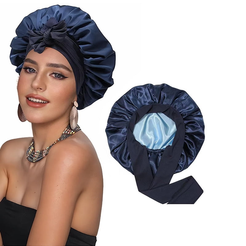 Premium Non Slip Satin Hair Bonnet for Men Women Curly Hair, Dreadlock Loc Cap Silk Double Layer Sleeping & Shower Wrap Soft Band With Tie,Dark Blue