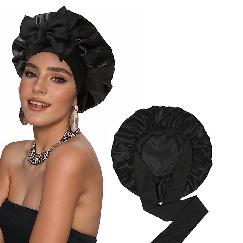 Premium Non Slip Satin Hair Bonnet for Men Women Curly Hair, Dreadlock Loc Cap Silk Double Layer Sleeping & Shower Wrap Soft Band With Tie,black
