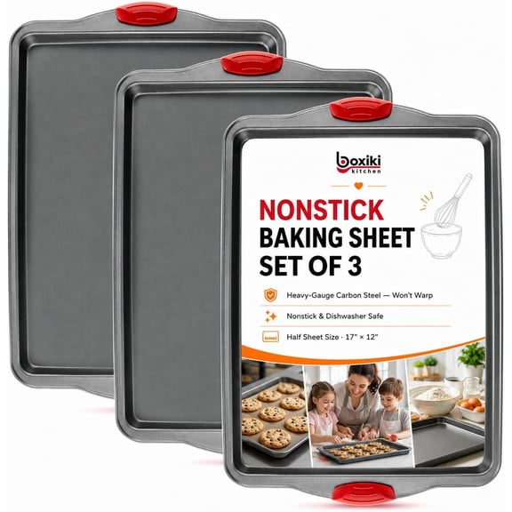 Premium Nonstick Baking Sheet Pans Set of 3, Heavy-Gauge Carbon Steel, Warp, Dent, and Rust-Resistant Gourmet Rimmed Half Cookie Sheet Trays, Non-Toxic for Exceptional Baking Performance