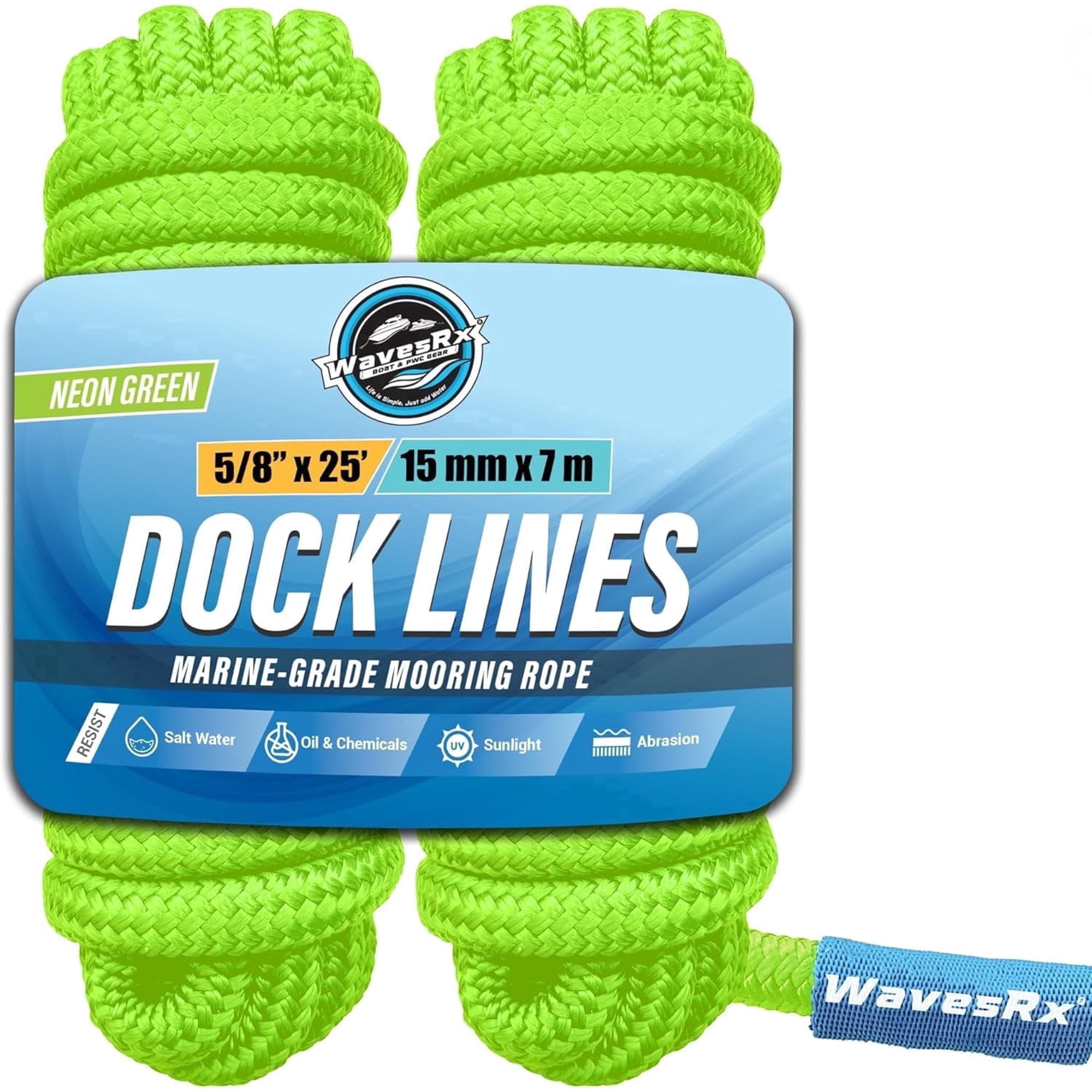 Ship Docking Rope WavesRx 5/8” x 25’ (2PK) Premium Dock Lines for Boat & Pontoon | Double ...