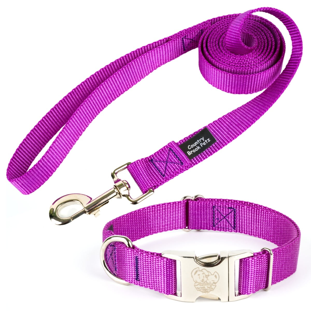 Country Brook Petz® Premium Nylon Dog Collar and Leash Set for Small Medium Large Dogs (Medium, 3/4 Inch, Bright Purple)