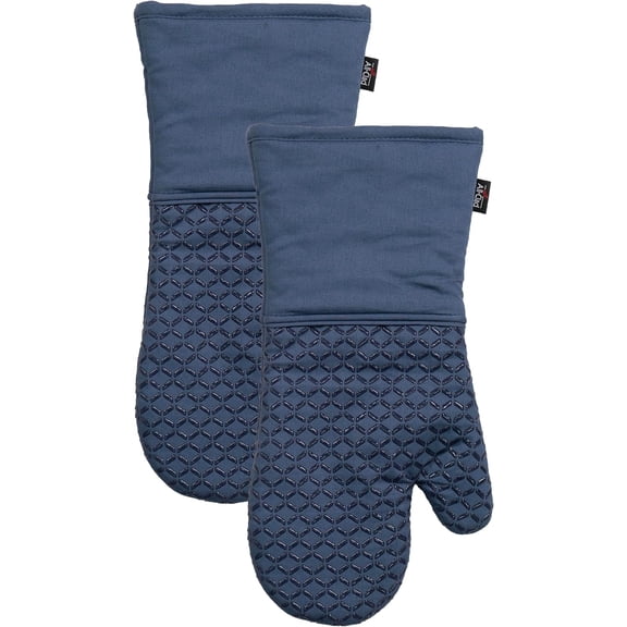 Premium Ogee Silicone Printed Oven Mitt: Heat Resistant to 500 Degrees - 100% Cotton and Silicone, 14"x7" Oven Mitt for Kitchen and Barbeque, 2-Pack, Indigo