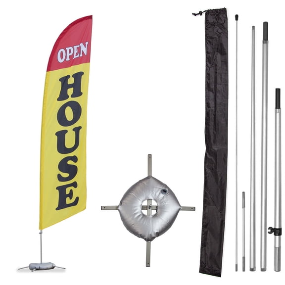 Premium Open House Feather Flag Kit - Includes 13ft Sectional Aviation Grade Fiberglass Poles, Yellow Open House Flag, Cross Base and Weight Bag, and Pole Sleeve Bag