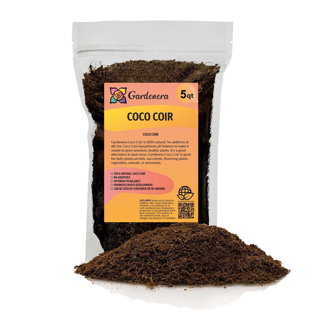Premium Organic Coconut Coir Mix for Home Gardening - All Natural Soil Amendment - PH Balanced and Double Washed Coco Coir by Gardenera Labs (5 Quart Bag)