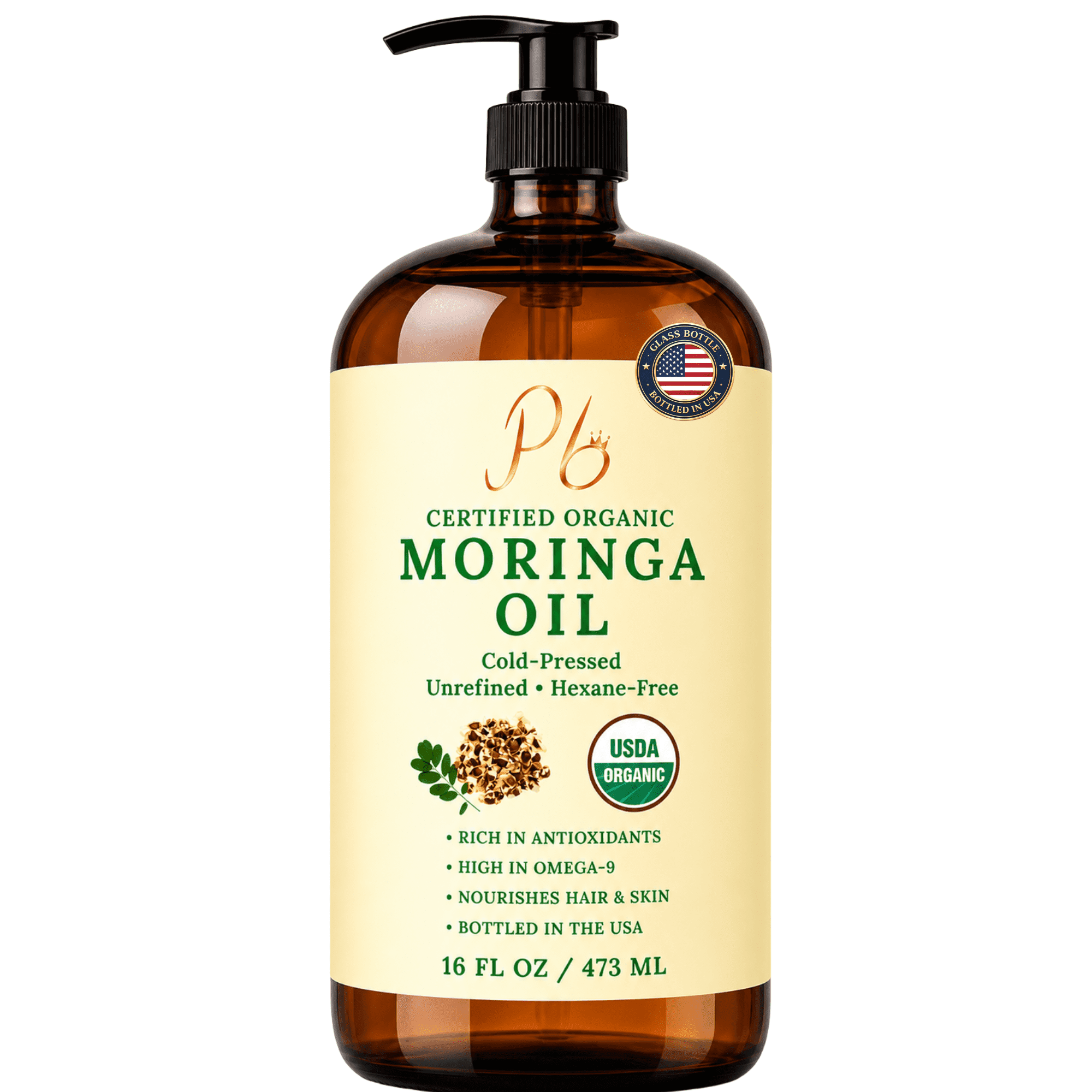 Pomberries USDA Organic Moringa Oil, 16 fl oz, Cold-Pressed & Unrefined, Hair & Skin Oil, Glass Bottle with Pump, Bottled in USA