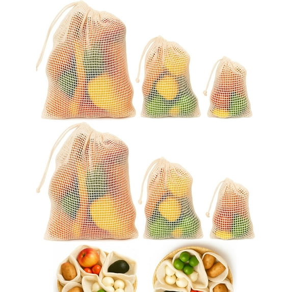 Premium Organic Reusable Mesh Produce Bags, Pack of 6(2L+2M+2S) Washable, Durable, Double Stitched Bags for Vegetables storage, Machine Washable - Beige