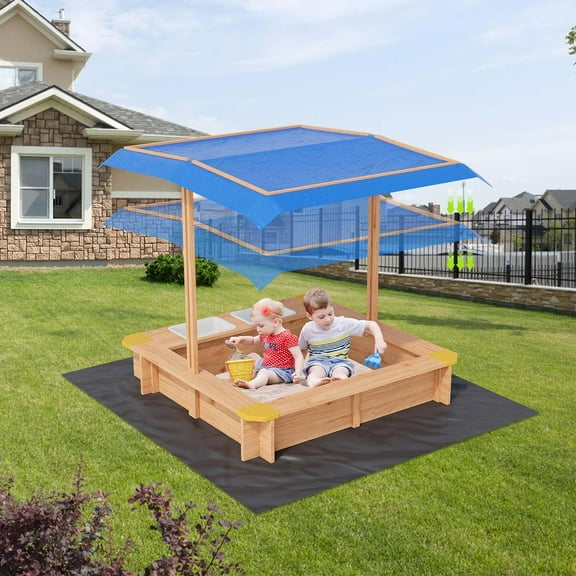 Premium Outdoor Wooden Sandbox for Kids, Adjustable UV Canopy & 2 Storage Boxes, Durable Fir Wood Construction with Drainage Liner, Large Play Area for Multiple Children