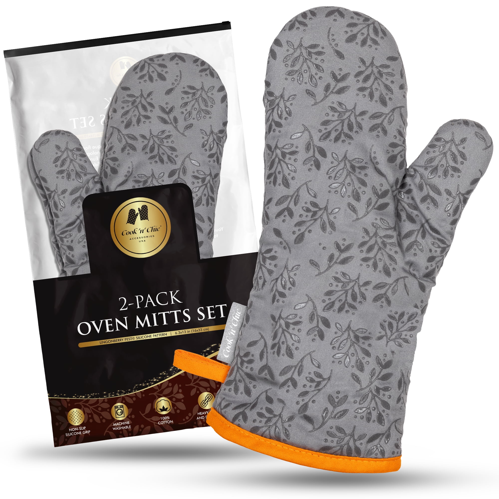 Premium Oven Mitts Set 500°F Heat Resistant Non Slip Textured Silicone Grip Cotton Kitchen