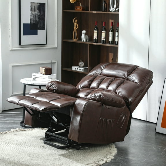 Premium Oversized Recliner Chair, 26 Inch Extra Wide Seat Recliner for Big and Tall, Large Power Lift Chair with Heat and Massage, Brown Leather