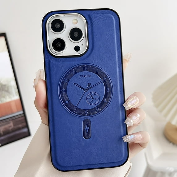 Premium PU Leather Back Case Clock Pattern Magsafe for iPhone 11, Lightweight with Anti-falling Feature & Thin Design - Ensuring Wireless Charging Compatibility for iPhone 11, Navyblue