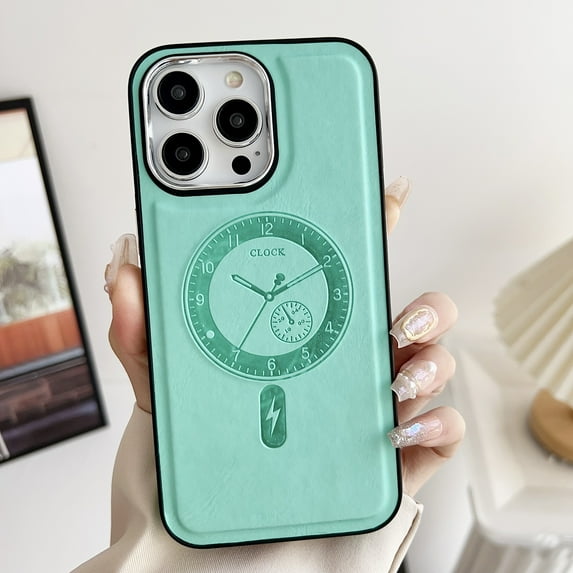 Premium PU Leather Back Case Clock Pattern Magsafe for iPhone 13 Pro Max, Lightweight with Anti-falling Feature & Thin Design - Ensuring Wireless Charging Compatibility for iPhone 13 Pro Max, Green