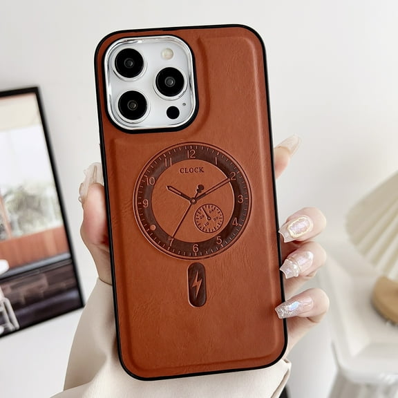 Premium PU Leather Back Case Clock Pattern Magsafe for iPhone 15 Pro Max, Lightweight with Anti-falling Feature & Thin Design - Ensuring Wireless Charging Compatibility for iPhone 15 Pro Max, Brown