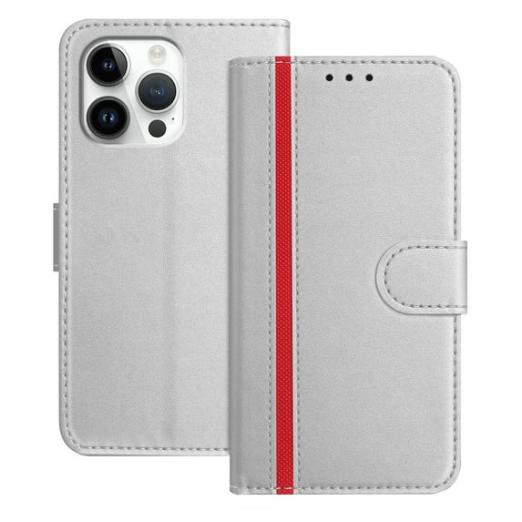 Premium PU Leather Case Compatible for iPhone 15 Pro Max, PU Leather Wallet Flip Folio Case with Kickstand Card Slots Magnetic Closure for iPhone 15 Pro Max Full Body Protective Cover, Silver