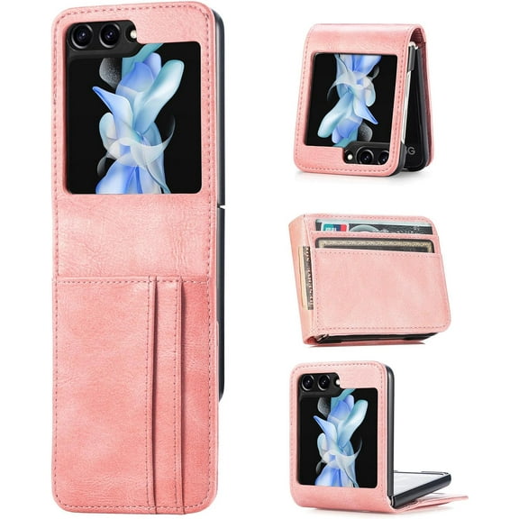 Premium PU Leather Case for Samsung Galaxy Z Flip 5 5G,Women Men Wallet Case with Credit Card Holder Folding Case Shockproof Hard PC Protective Phone Case Cover,Pink