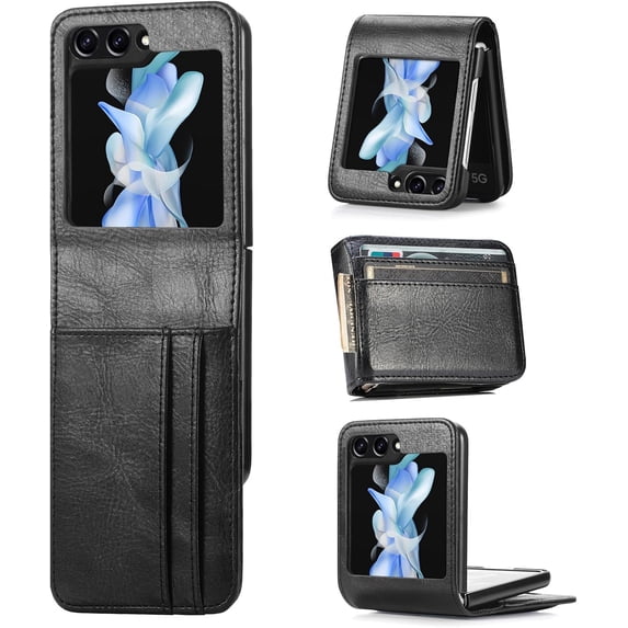 Premium PU Leather Case for Samsung Galaxy Z Flip 5 5G,Women Men Wallet Case with Credit Card Holder Folding Case Shockproof Hard PC Protective Phone Case Cover,Black