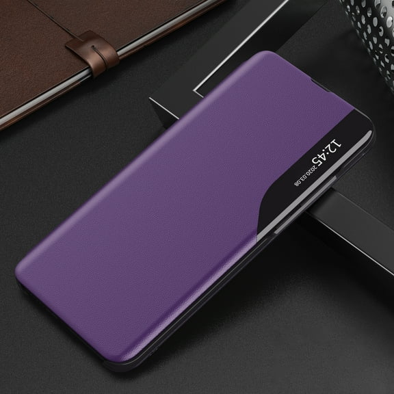Premium PU Leather Case for iPhone 14 Pro Max, Rugged PC Bumper Shockproof Mirror Window Case with Kickstand Bracket Magnetic Closure Flip Folio Phone Cover for iPhone 14 Pro Max,Purple