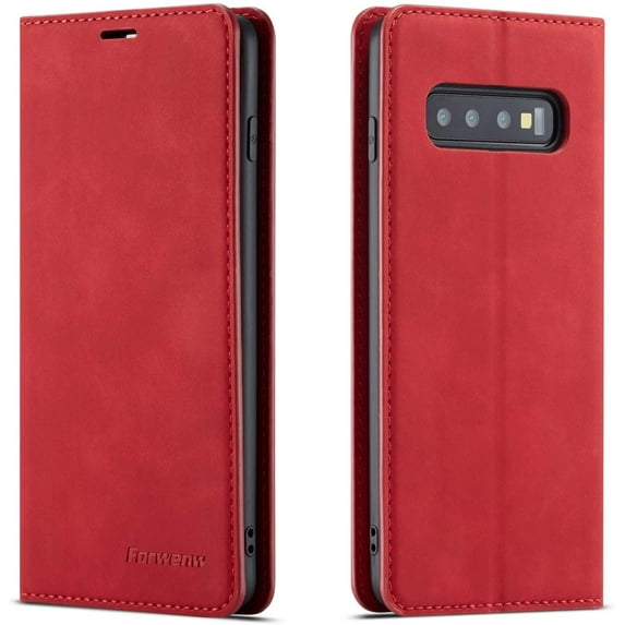 Premium PU Leather Flip Folio Case for Samsung Galaxy S10 Plus, Protective Case with Kickstand Card Slot Magnetic Closure Shockproof Wallet Cover for Samsung Galaxy S10 Plus - Red