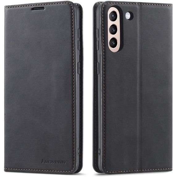 Premium PU Leather Flip Folio Case for Samsung Galaxy S21 FE, Protective Case with Kickstand Card Slot Magnetic Closure Shockproof Wallet Cover - Black