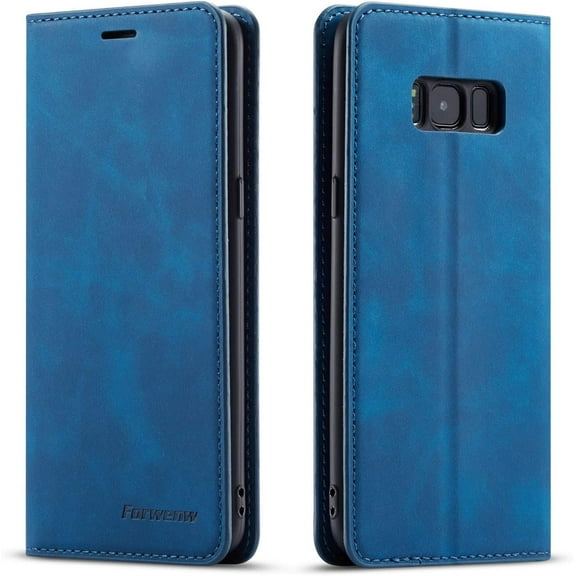 Premium PU Leather Flip Folio Case for Samsung Galaxy S8, Protective Case with Kickstand Card Slot Magnetic Closure Shockproof Wallet Cover for Samsung Galaxy S8 - Blue