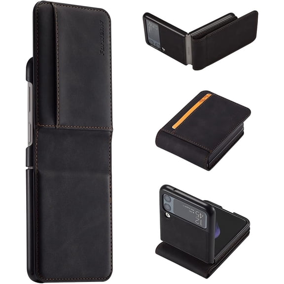 Premium PU Leather Flip Folio Case for Samsung Galaxy Z Flip 4, [One-Piece] [Anti-Slip] [Scratch Resistant] Slim Flexible Protective Card Slot Shockproof Wallet Cover - Black