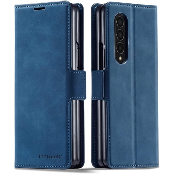 Premium PU Leather Flip Folio Case for Samsung Galaxy Z Fold 4, Protective Case with Kickstand Card Slot Holder Hidden Closure Shockproof Durable Wallet Cover - Blue