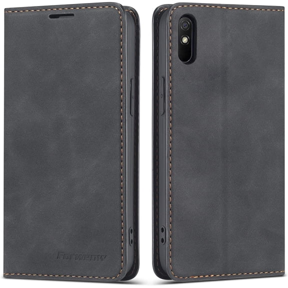 Premium PU Leather Flip Folio Case for Xiao Redmi 9A/9AT/9i, Magnetic Closure Protective Case Kickstand Card Cash Slot Shockproof Durable Wallet Cover Soft TPU Inner Phone Case - Black