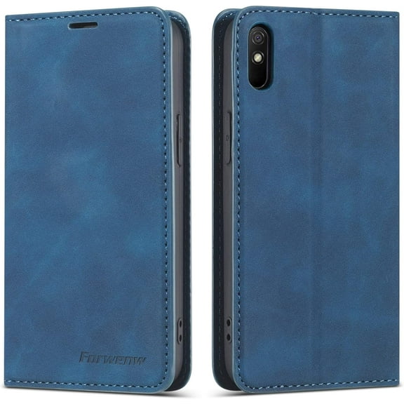 Premium PU Leather Flip Folio Case for Xiao Redmi 9A/9AT/9i, Magnetic Closure Protective Case Kickstand Card Cash Slot Shockproof Durable Wallet Cover Soft TPU Inner Phone Case - Blue