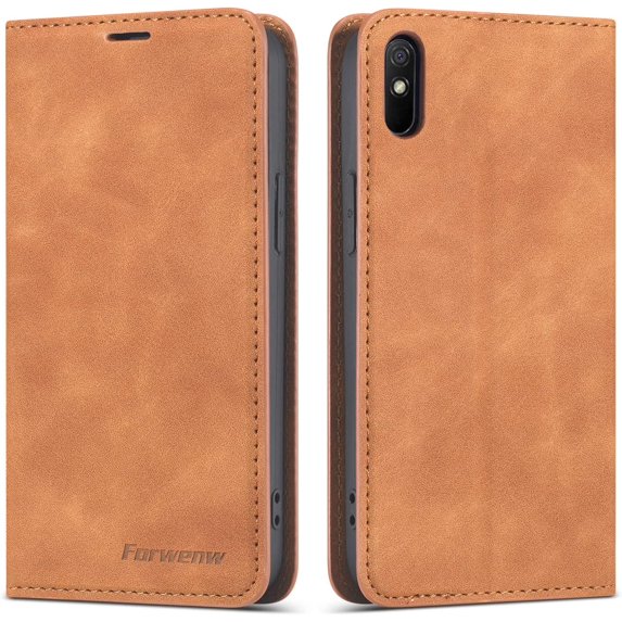 Premium PU Leather Flip Folio Case for Xiao Redmi 9A/9AT/9i, Magnetic Closure Protective Case Kickstand Card Cash Slot Shockproof Durable Wallet Cover Soft TPU Inner Phone Case - Brown