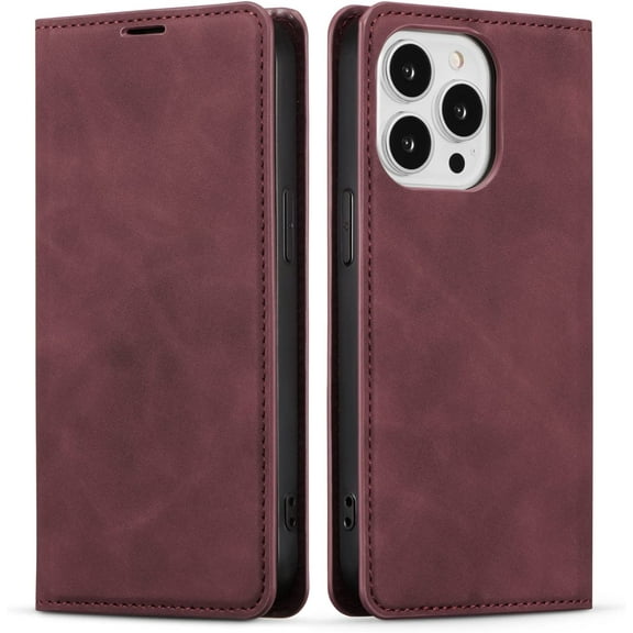 Premium PU Leather Flip Folio Case for iPhone 12/iPhone 12 Pro 6.1 inch 2020, Protective Case with Kickstand Card Slot Holder Hidden Magnetic Closure Shockproof Wallet Cover - Wine Red