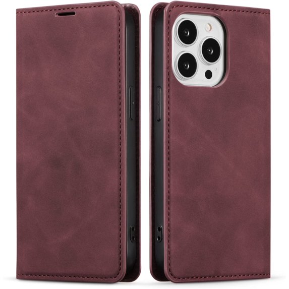 Premium PU Leather Flip Folio Case for iPhone 13 Pro 6.1 inch, Protective Case with Kickstand Card Slot Holder Hidden Magnetic Closure Shockproof Wallet Cover - Wine Red