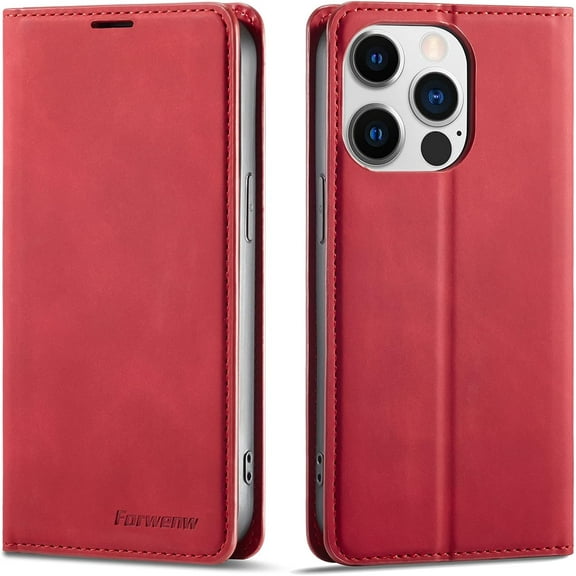 Premium PU Leather Flip Folio Case for iPhone 13 Pro Max 6.7 inch, Protective Case with Kickstand Card Slot Holder Hidden Magnetic Closure Shockproof Wallet Cover- Red