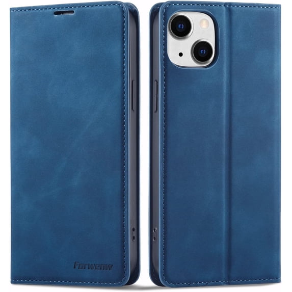 Premium PU Leather Flip Folio Case for iPhone 14 Plus, Magnetic Closure Protective Case Kickstand Card Cash Slot Shockproof Durable Wallet Cover Soft TPU Inner Phone Case - Blue